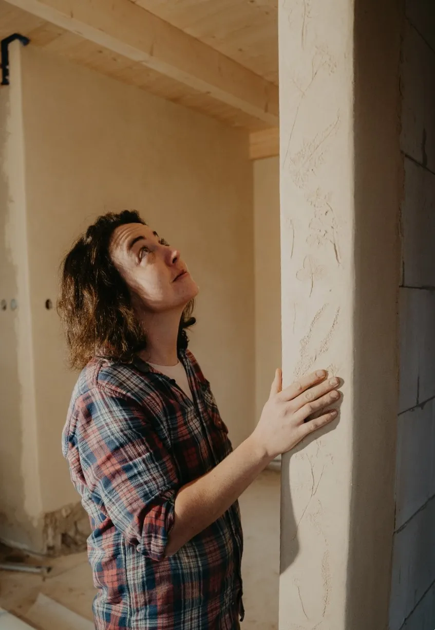 Denisa Divoká studying the texture of a lime plaster with plant imprints